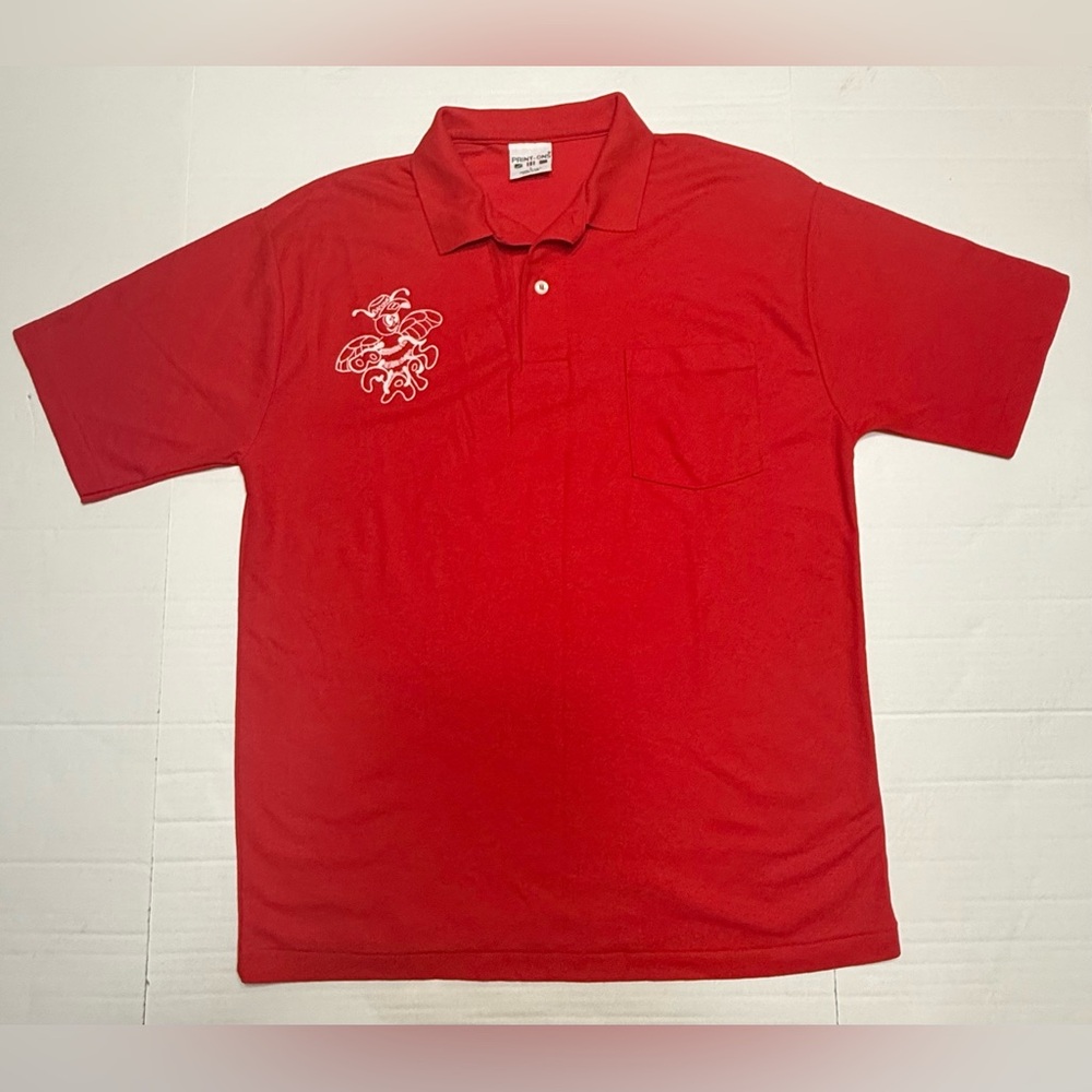 Polo Shirt Men Vintage Print-Ons Bacone College Made in USA Large Red 0159 A2